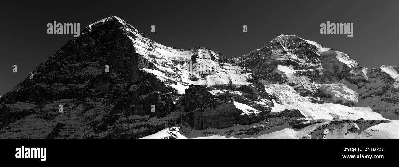 Winter Schnee-Blick auf die Nordwand des Berges Eiger Grindelwald Skigebiet; UNESCO World Heritage Site, Schweizer Alpen Jungfrau - Aletsch; Bernes Stockfoto