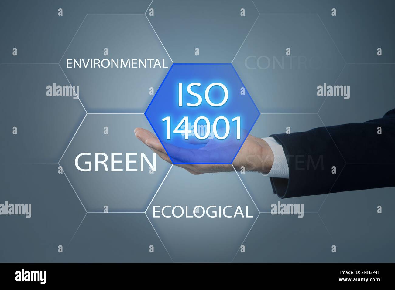 Geschäftsmann mit virtuellem Symbol und Text ISO 14001 auf grauem Hintergrund, Nahaufnahme Stockfoto