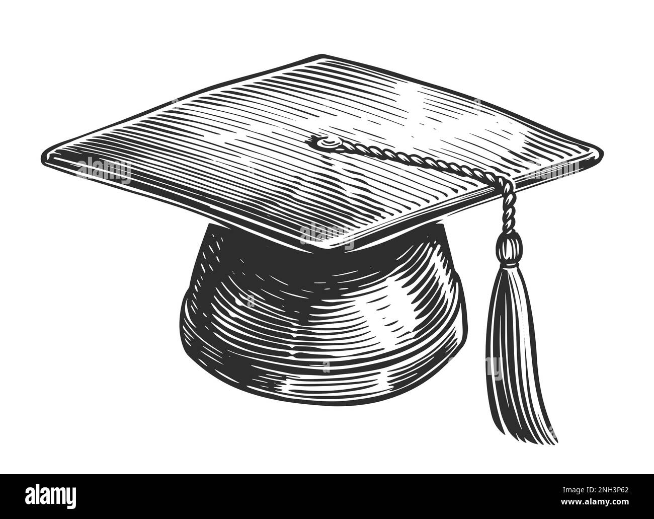 Mortarboard isoliert. Schwarze Graduierungskappe mit Quaste. Wissenschaft, Bildungssymbol. Handgezeichnete Skizze Stockfoto