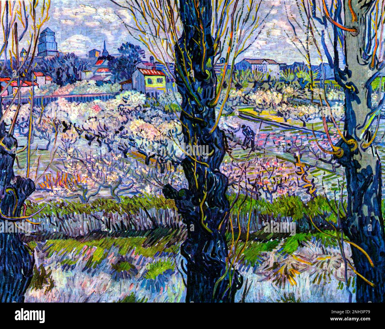 Vincent van Goghs Blick auf Arles, Blumenplantagen (1889), berühmte Landschaftsmalerei. Original aus Wikimedia Commons. Stockfoto