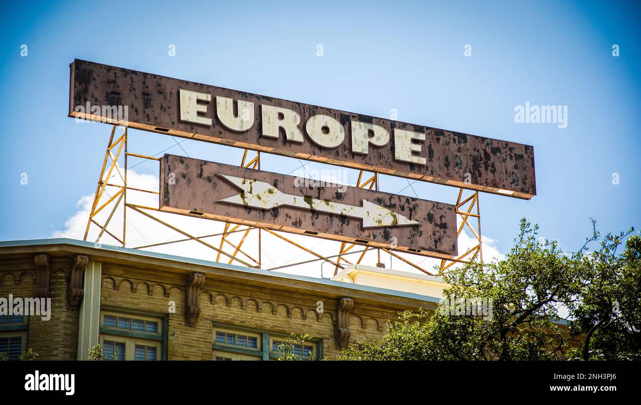 Straßenschild Richtung Weg nach Europa Stockfoto