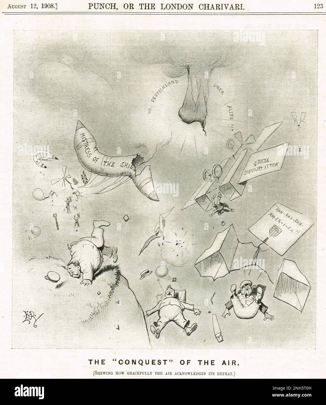 Die „Eroberung“ der Luft, Ein lustiger Punch-Cartoon aus dem Jahr 1908, der zeigt, wie anmutig die Luft ihre Niederlage mit einer Reihe von Flugunfällen anerkennt. Veranlasst durch den ersten Flug des Wright-Modells Ein Flyer Stockfoto