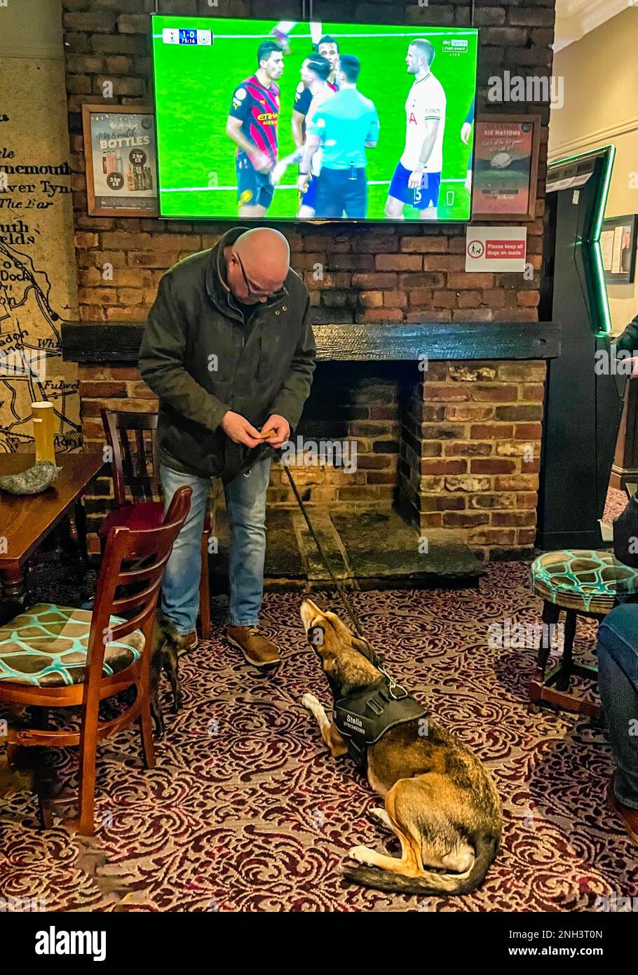 Ein Mann mit seinem Hund in einem englischen Pub Stockfoto