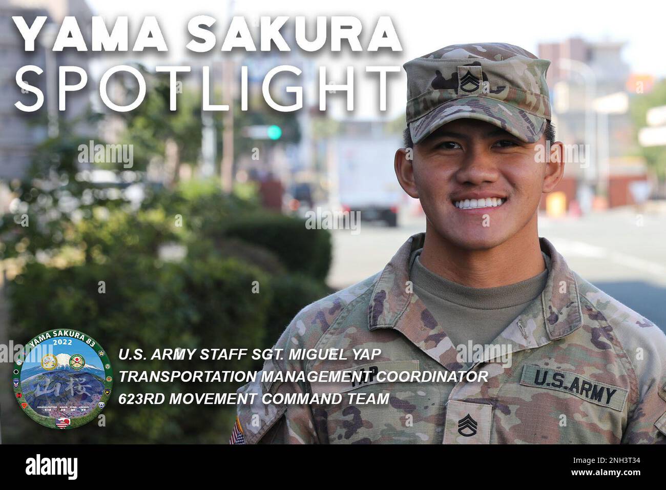 Staff Sgt. Miguel Yap ist ein Transportmanagement-Koordinator des 623. Movement Command Teams. „Die Zusammenarbeit mit meinen japanischen Kollegen war erstaunlich. Es war eine Freude zu erfahren, dass wir Dinge sowohl anders als auch mit Ähnlichkeiten machen.“ Stockfoto