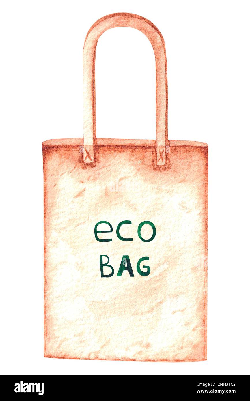 Wasserfarbene Eco-Tasche mit Beschriftung auf weißem Hintergrund für das Produktdesign. Lasst uns die Natur bewahren. Stockfoto