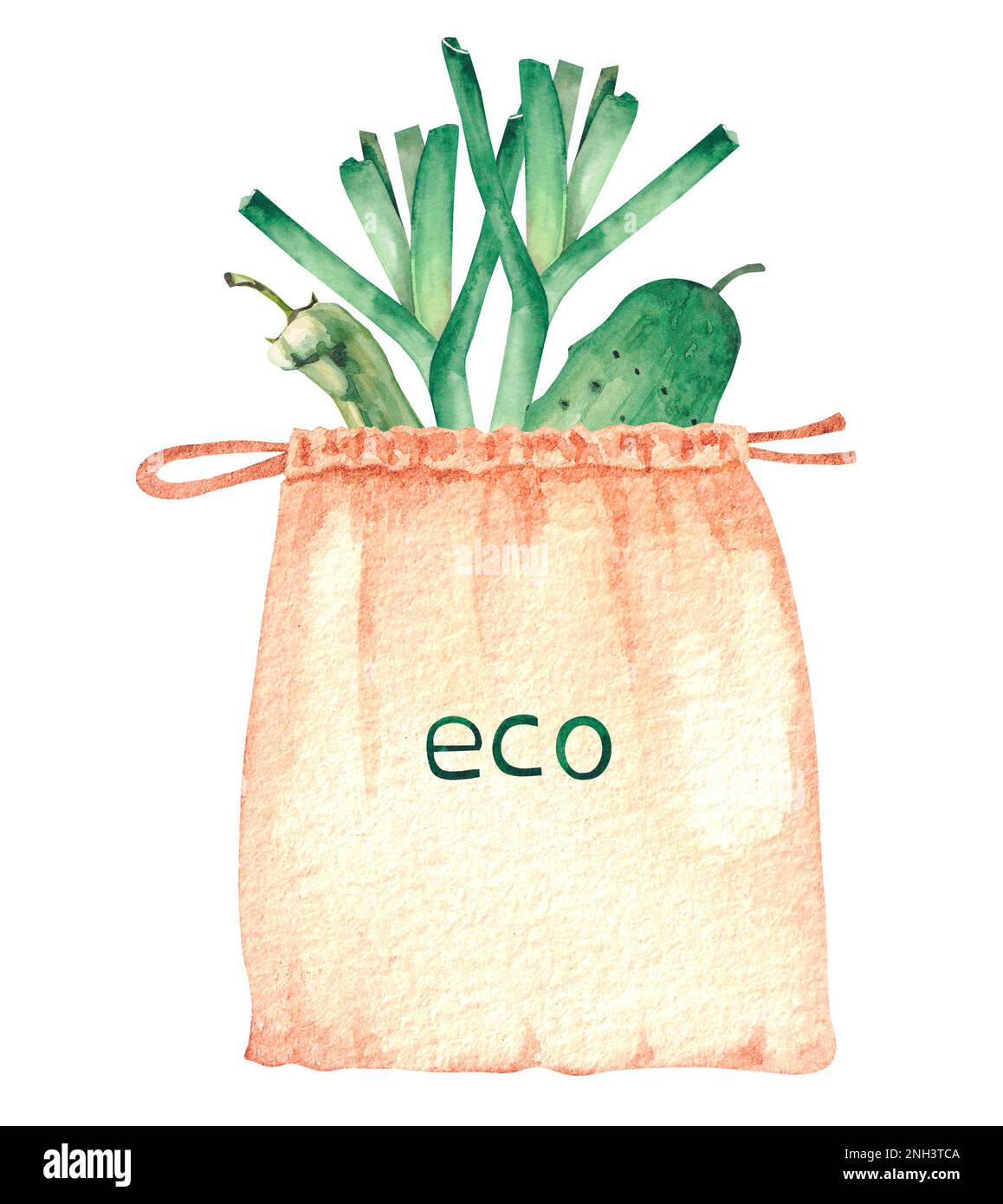 Aquarelle Eco-Tasche mit Schriftzug und Gemüse auf weißem Hintergrund für das Produktdesign. Lasst uns die Natur bewahren. Stockfoto