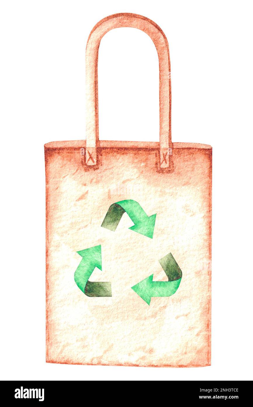 Wasserfarbener Umweltbeutel mit Recycling-Logo auf weißem Hintergrund für Naturdesign. Lasst uns die Natur bewahren. Stockfoto