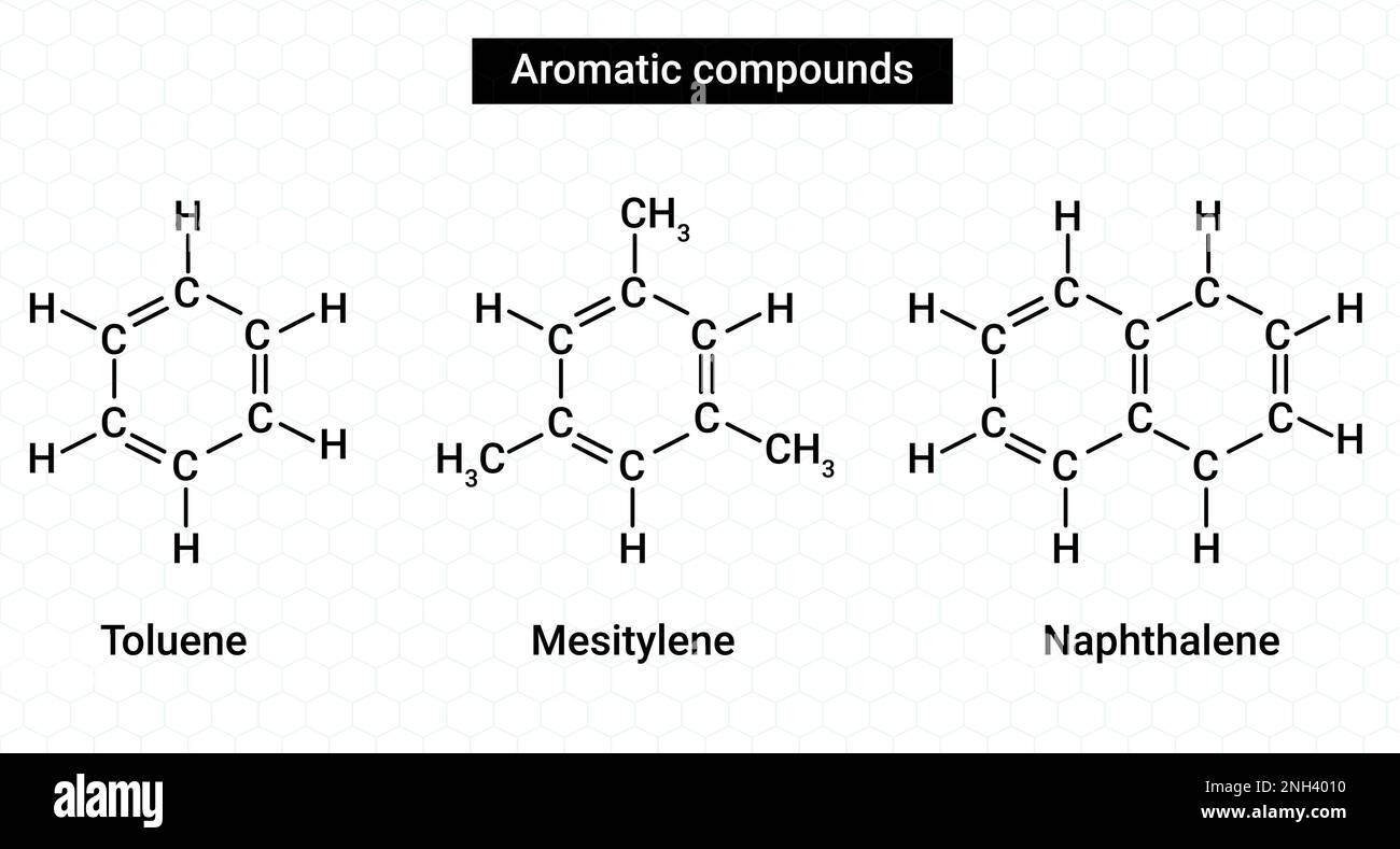 Aromatische Verbindungen: Toluol, Mesitylen und Naphthalin Stock Vektor