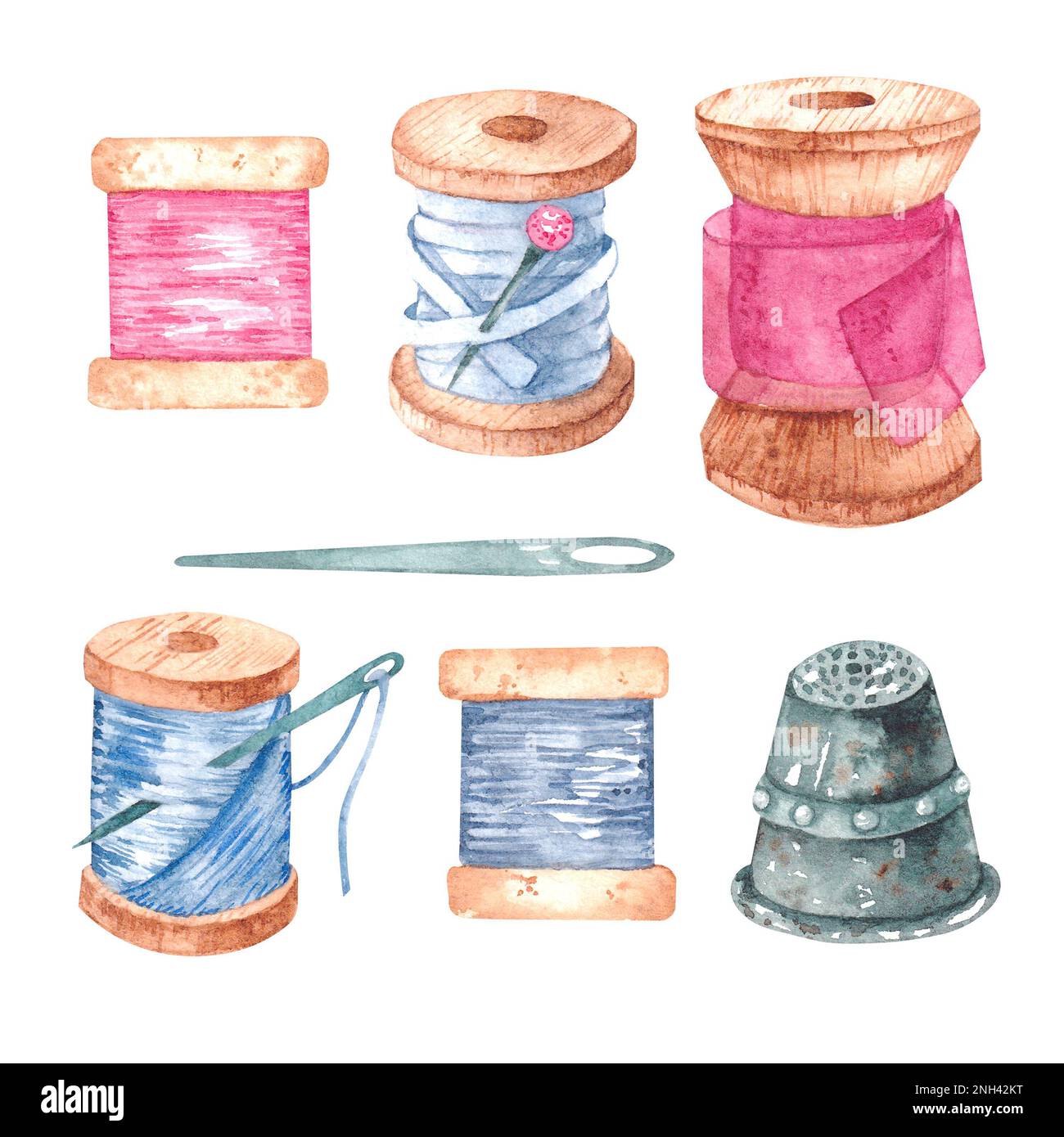 Ein Satz mit Gewindespulen in Aquarell für Produktdesign und Heimwerker Stockfoto