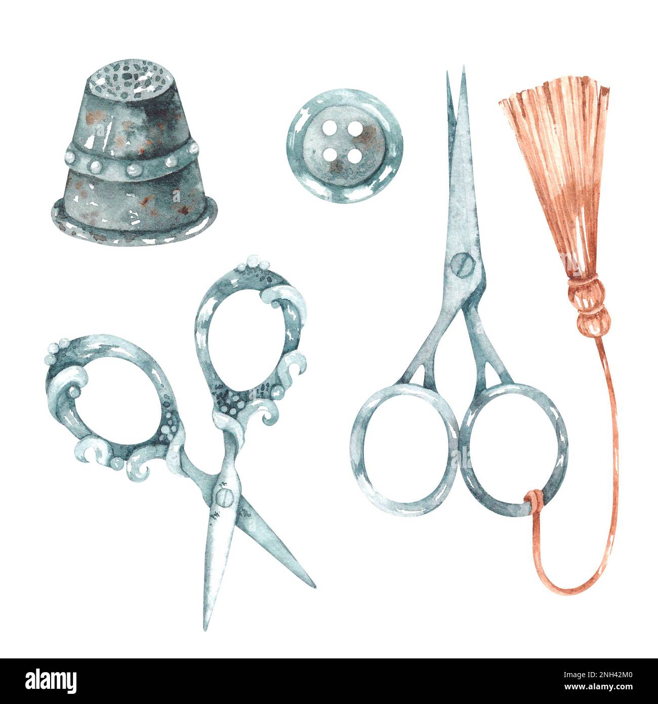 Set mit Kausche, Schere und Knopf in Aquarell für Produktdesign und Heimwerker Stockfoto