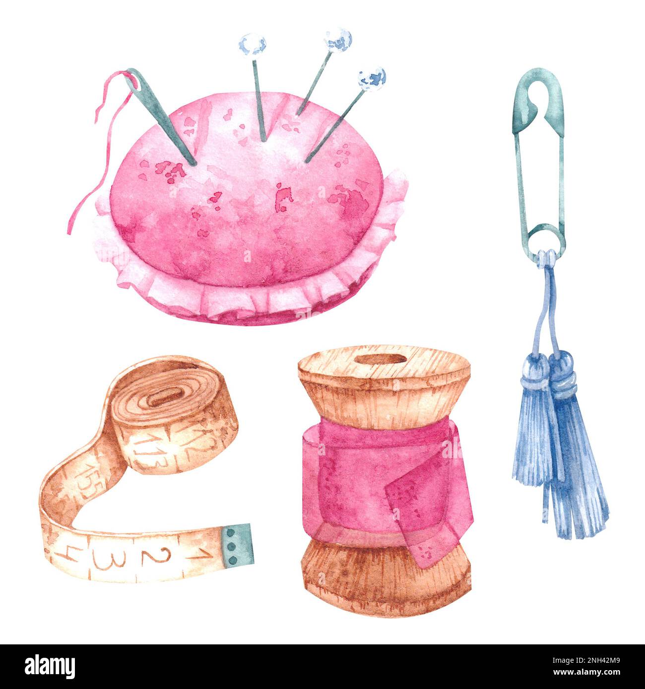 Nähset mit Aquarell mit Nadelhalter, Stift, Spule und Maßband für Produktdesign und Heimwerker Stockfoto