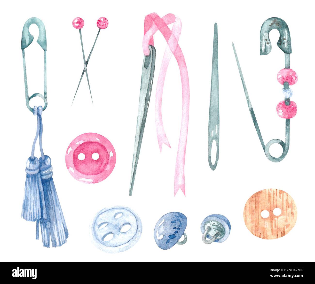 Ein Set mit Nadeln, Nadeln und Knöpfen in Aquarell für den Einsatz in Produktdesign und Heimwerkerbedarf Stockfoto