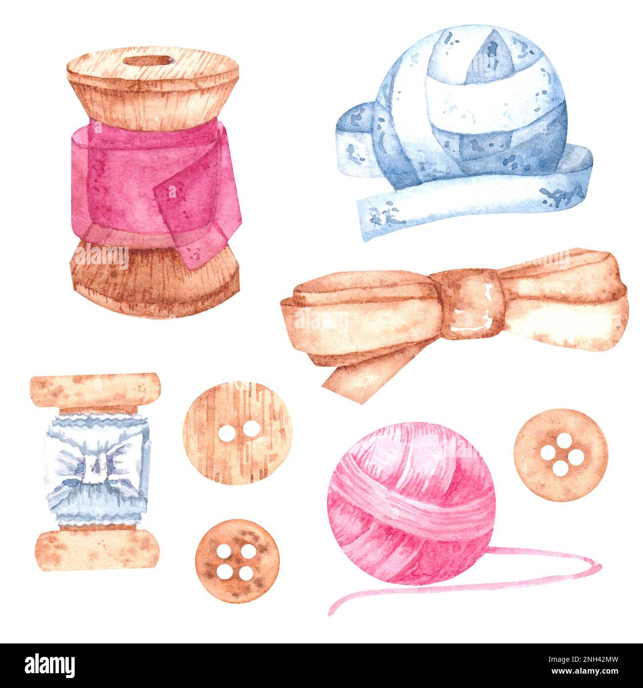 Nähset mit Aquarell mit Spulen, Fäden, Bändern und Knöpfen für Produktdesign und Heimwerker Stockfoto