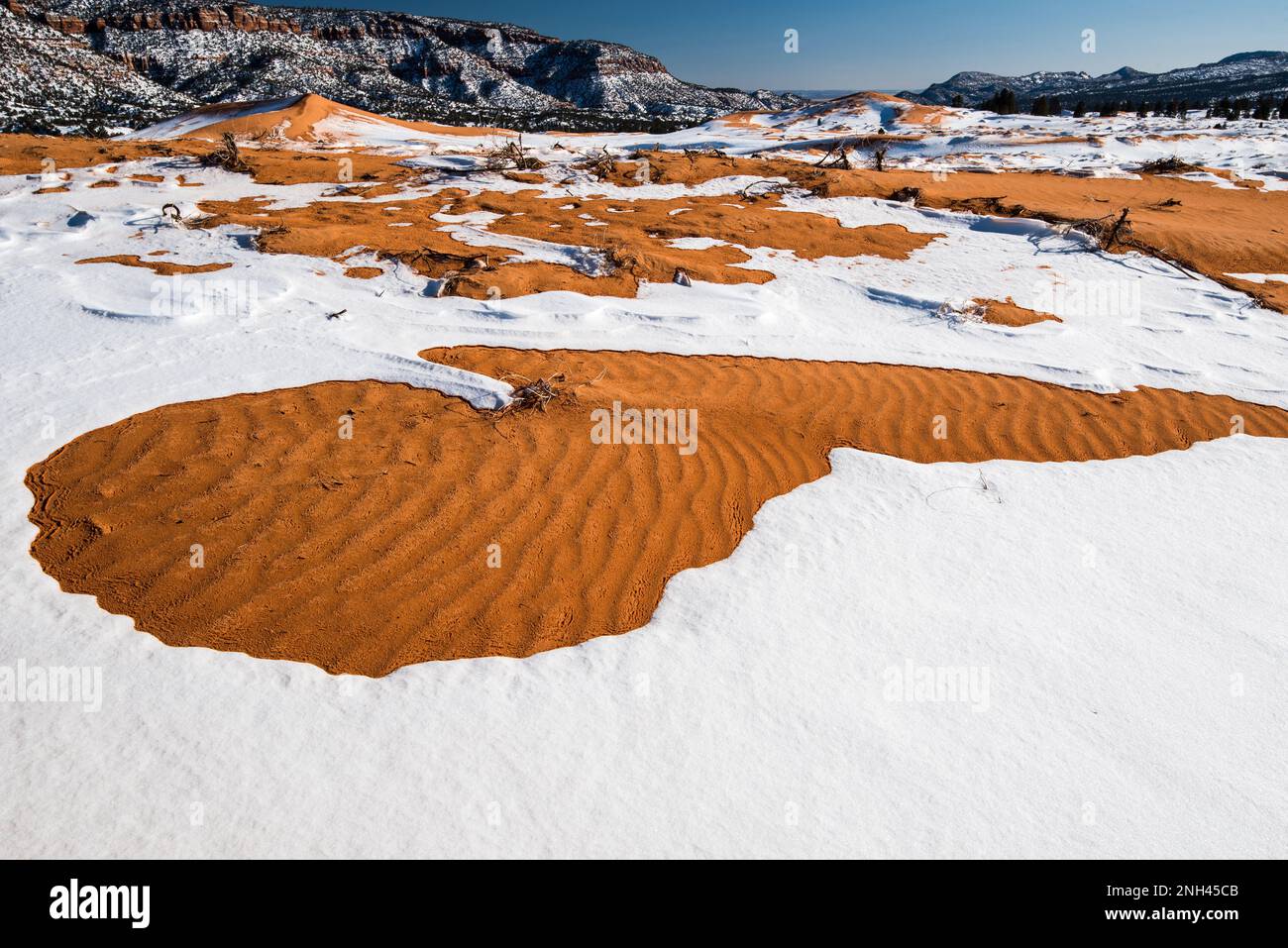 Schnee auf korallenfarbenen Sanddünen. Schneewallungen und driftender Sand erzeugen wunderschöne Muster in der Wüstenlandschaft. Stockfoto