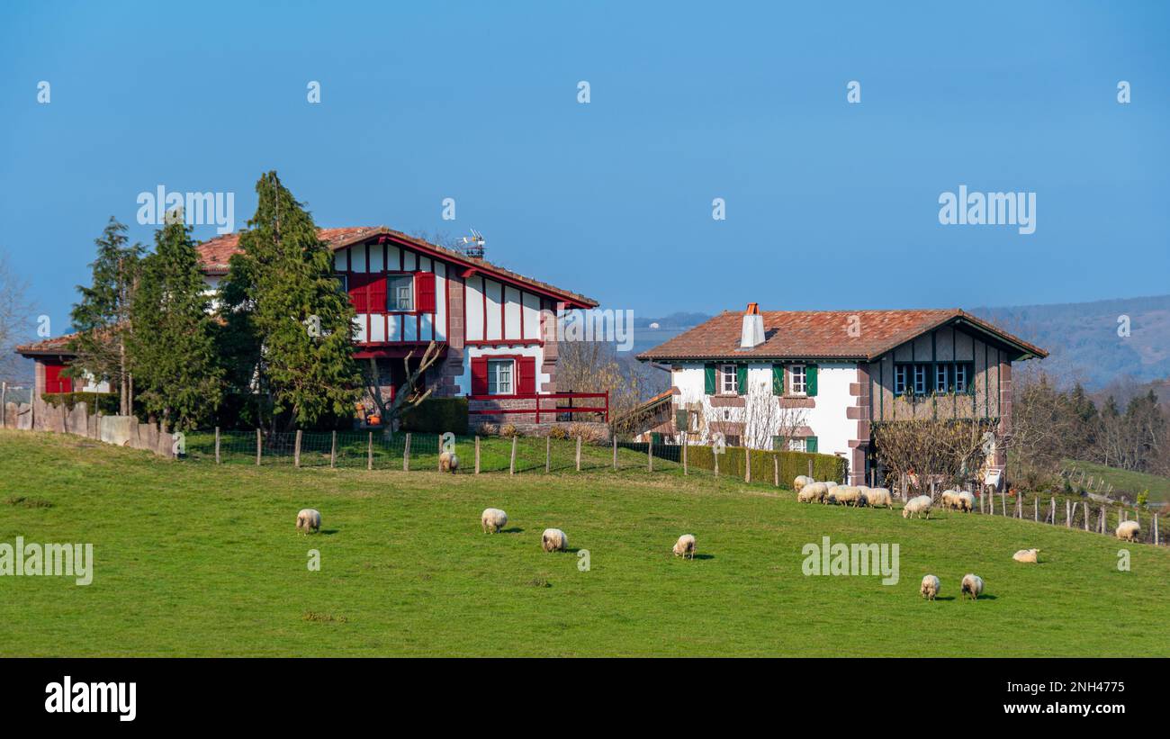 Traditionelle baskische Bauernhäuser auf dem Berg in Zugarramurdi, Spanien, in der Provinz Navarra, im spanischen Baskenland Stockfoto