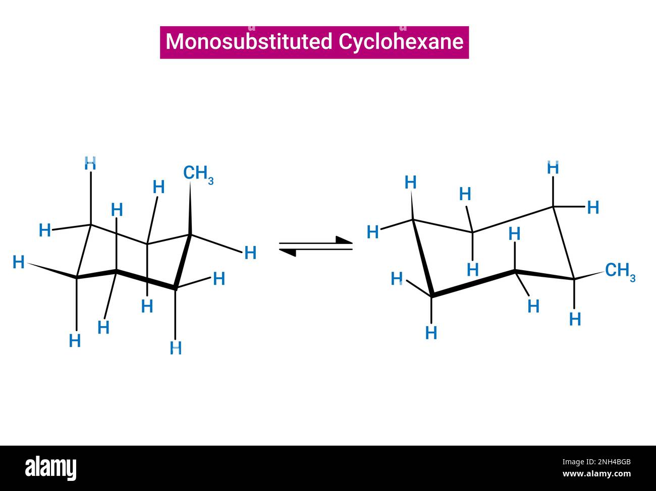 Konformation von monosubstituiertem Cyclohexan: Das Axialisomer ist aufgrund von 1,3-diaxialen Wechselwirkungen im Allgemeinen weniger stabil als das äquatoriale Isomer Stock Vektor