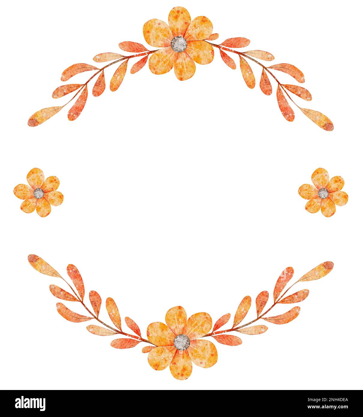 Aquarell Blumenkranz, Rahmen mit orangefarbenen Blumen. Schmuck, perfekt für Karten, Einladungen und mehr. Stockfoto