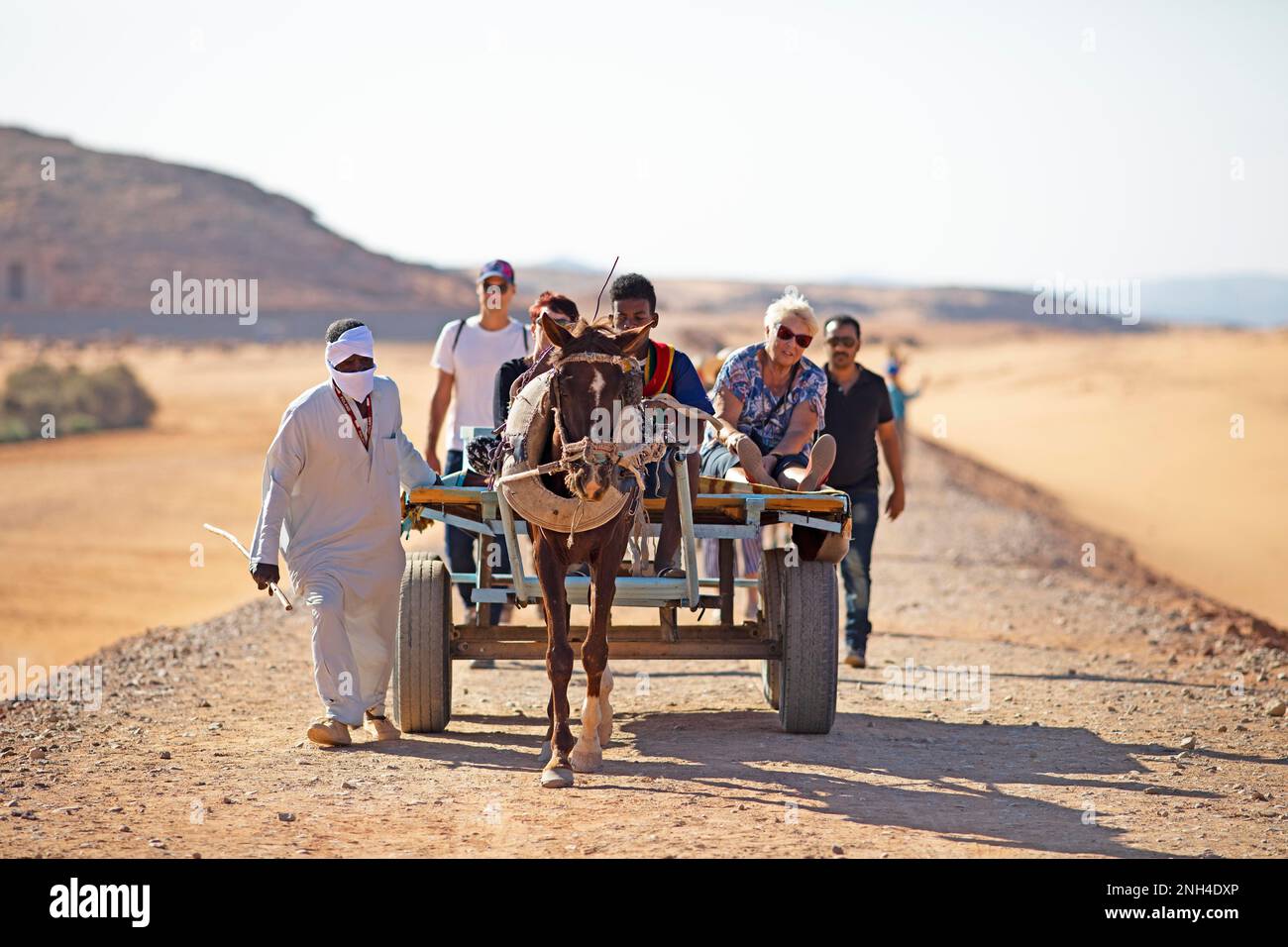 Ägyptische Männer und Touristen auf einem Pferdewagen in der nubischen Wüste, Wadi Al-Sebua, Assuan, Ägypten Stockfoto