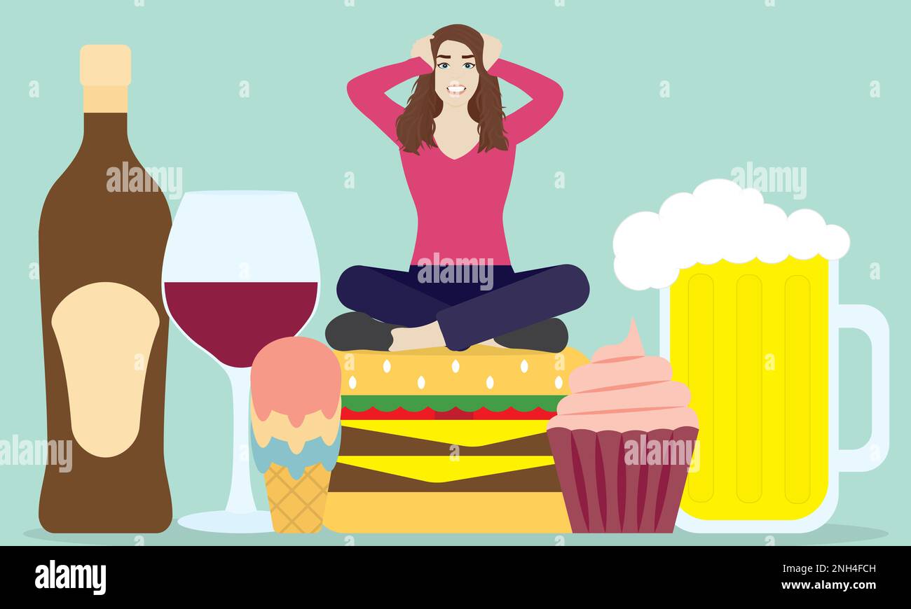 Gestresste Frau, die zu viel isst und zu viel Alkohol trinkt Stock Vektor