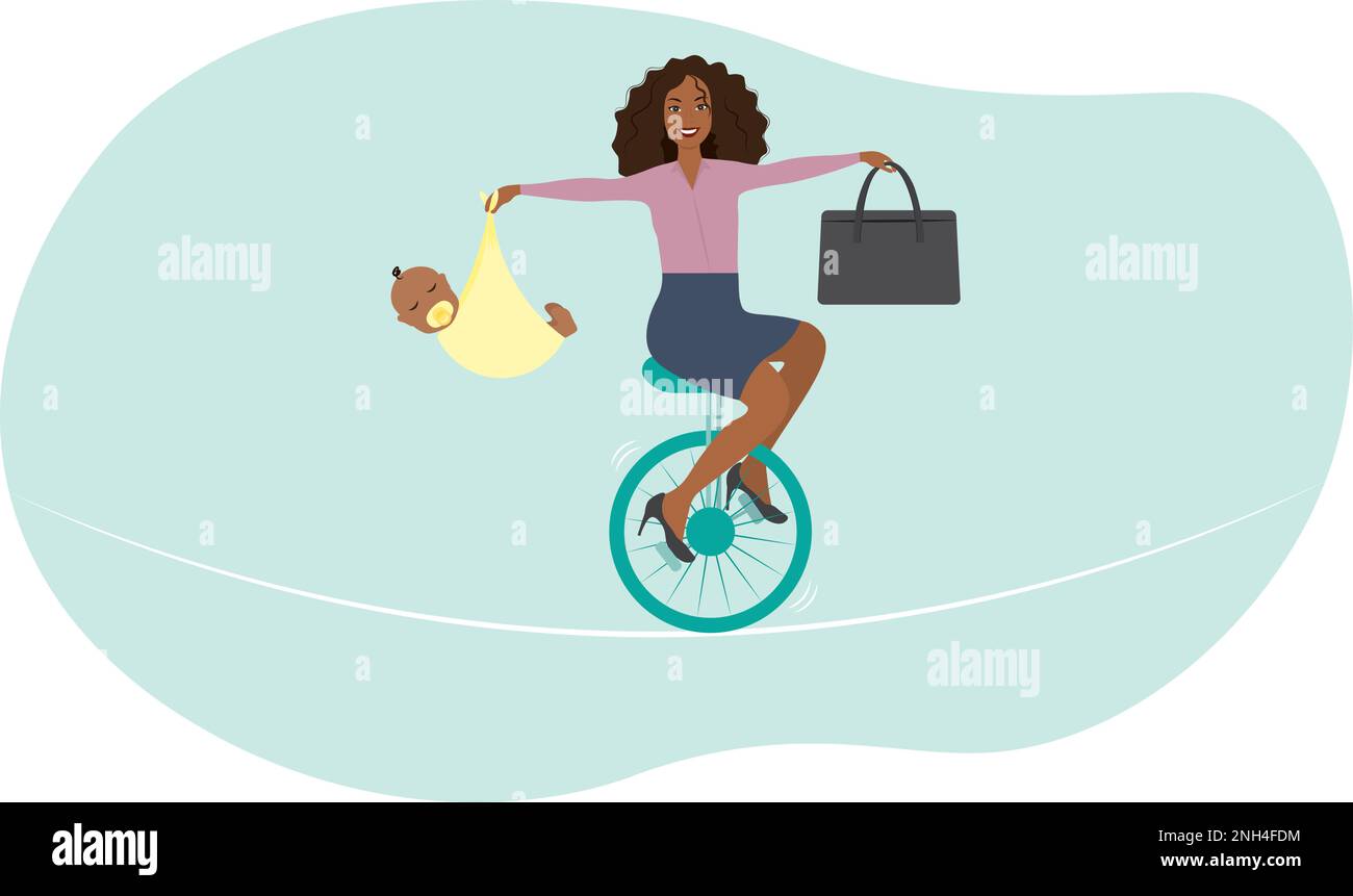 Wahl oder Gleichgewicht zwischen Arbeit und Mutterschaft, Geschäftsfrau auf dem Monocycle balanciert sich mit Baby und Aktentasche Stock Vektor