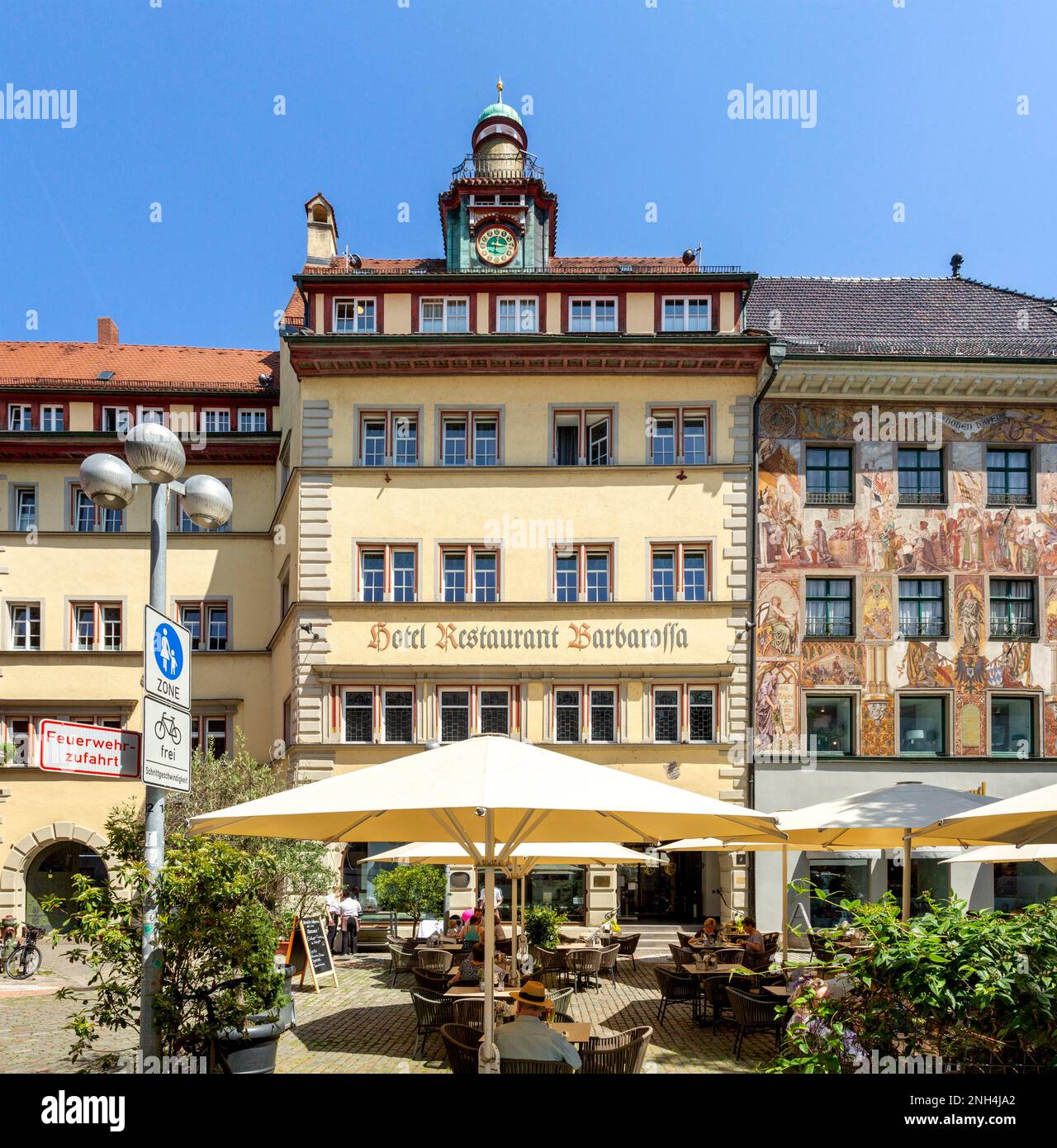 Hotel Barbarossa and Haus zum Hohen Hafen on Obermarkt, Constance, Baden-Württemberg, Deutschland Stockfoto