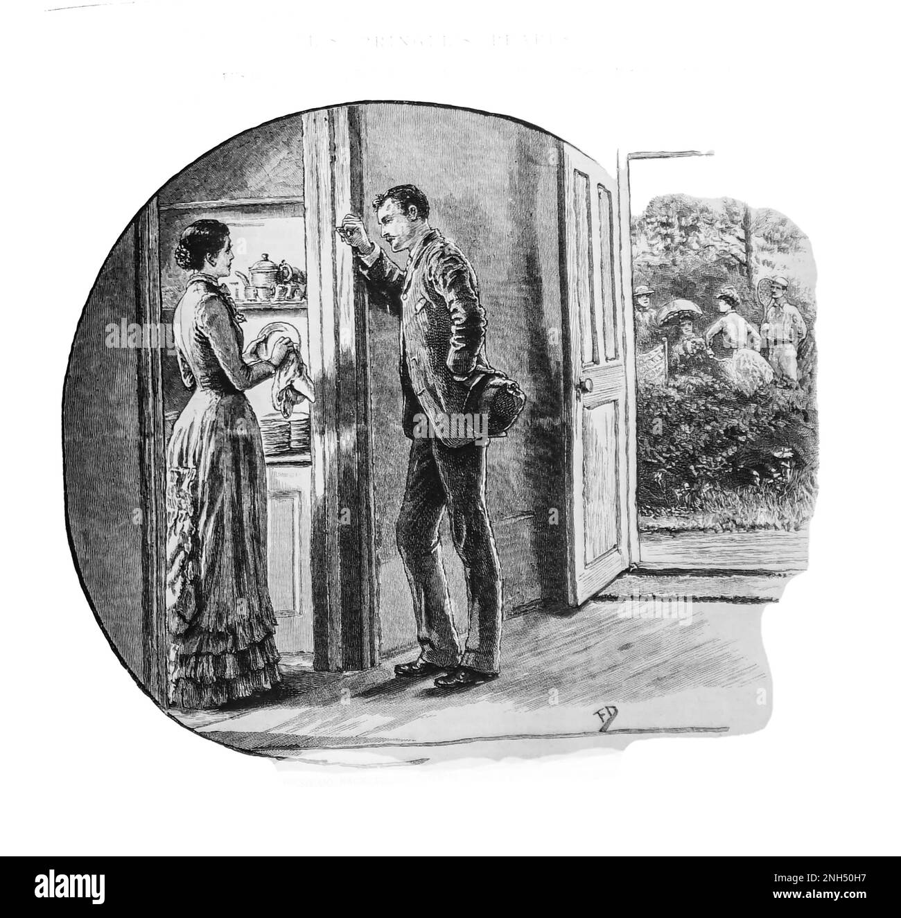 Eine Skizze aus dem 19. Jahrhundert von einem Paar, sie trocknet Geschirr in der Küche, er lehnt sich an die Tür, in einer intensiven Unterhaltung, aus der Girls Own Paper von 1888. Stockfoto