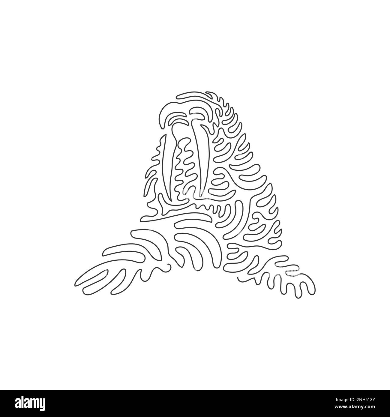 Durchgehende einzeilige Zeichnung eines großen, falten Walrosses. Einzeilige bearbeitbare Strichvektordarstellungen von Walkussen haben auffällige Stoßzähne Stock Vektor