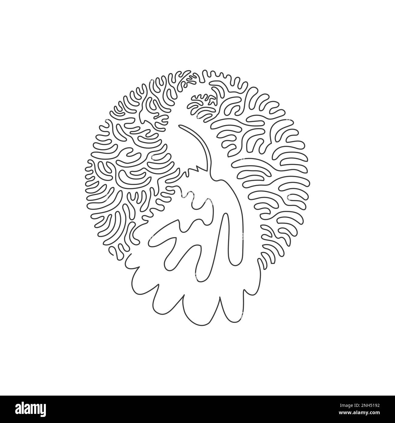 Durchgehende, eine Kurve gezeichnete Zeichnung eines niedlichen großen Pfauenschwanzes abstrakter Kunst. Einzeilige editierbare Konturvektordarstellung eines schönen Pfauens Stock Vektor