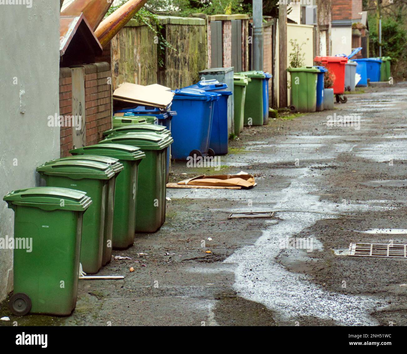Eine Reihe von Mülltonnen in der Gasse auf der Great Western Road im West End Stockfoto