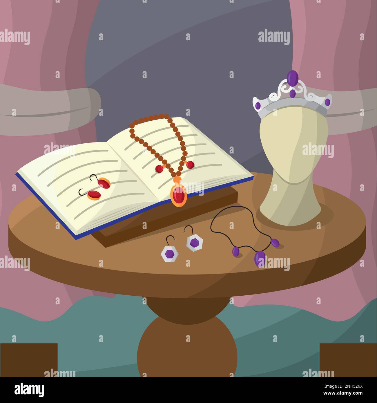 Tisch mit offenem Buch und Prüfpuppe mit Kronenvektor Stock Vektor