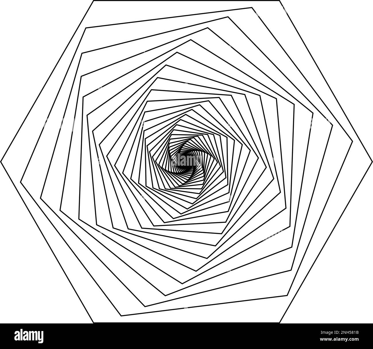 Wabenform oder Sechskant-Rotation in spiralgedrehter Form. Spirographenvorlage. Dynamische optische Täuschung. Geometrisches Element auf weißem Hintergrund isoliert Stock Vektor