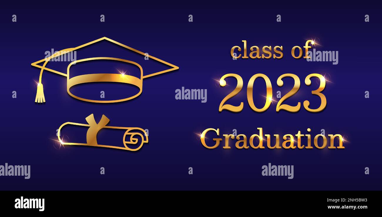 Abschluss mit Universitätsabschluss, Zertifikat, Glückwunschtext. Blau, Gold. Kann als Einladungskarte zur Abschlussfeier, Grußkarte oder e verwendet werden Stock Vektor