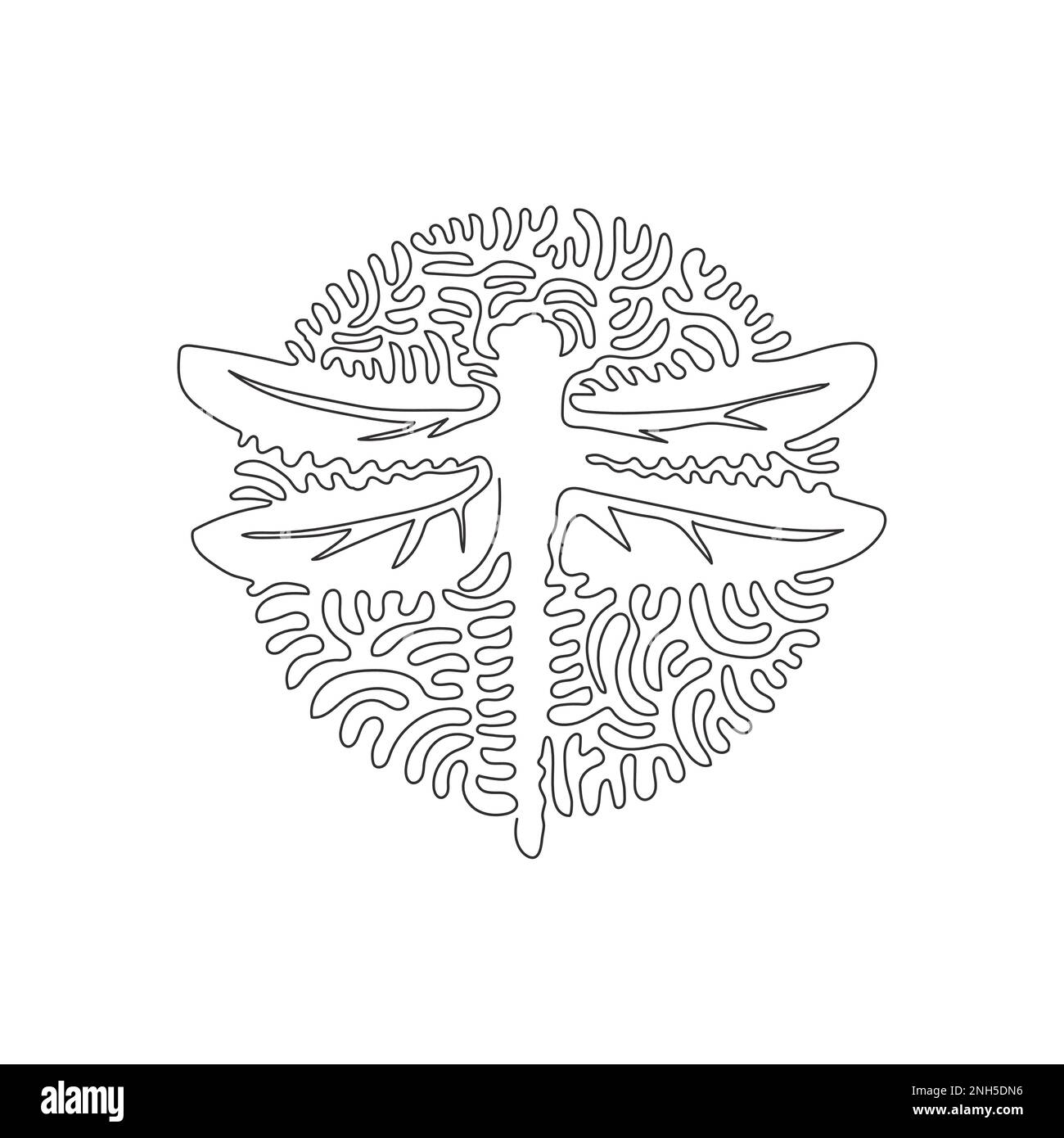 Durchgehende Linienzeichnung mit einem einzelnen Wirbel. Dragonfly hat zwei Paar starke Flügel. Durchgehende Linienzeichnung Design Vektor Darstellung des Raubtierstils Stock Vektor