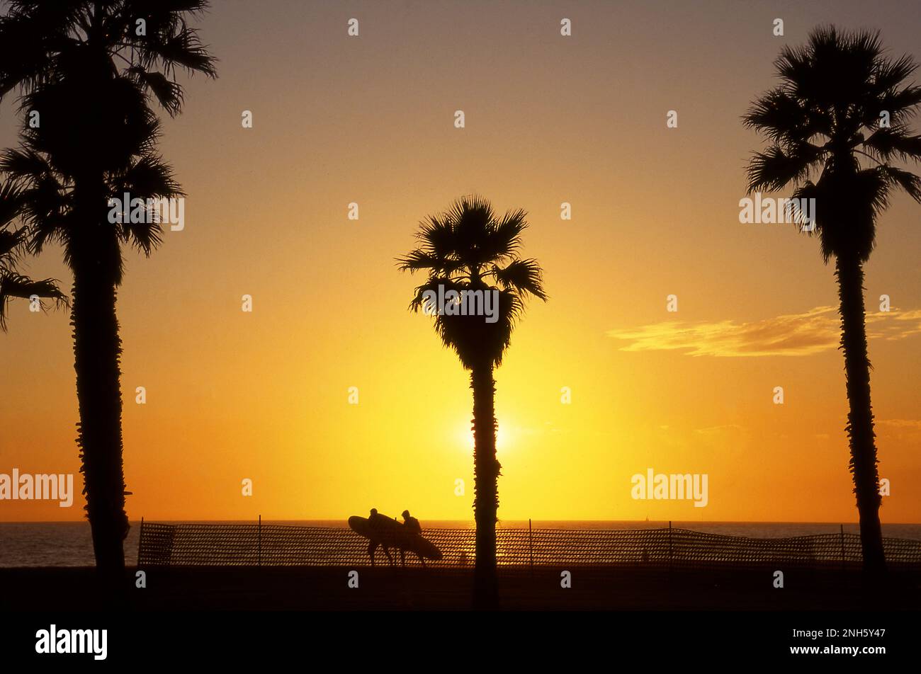 Surfer am Strand bei Sonnenuntergang in Südkalifornien. Stockfoto