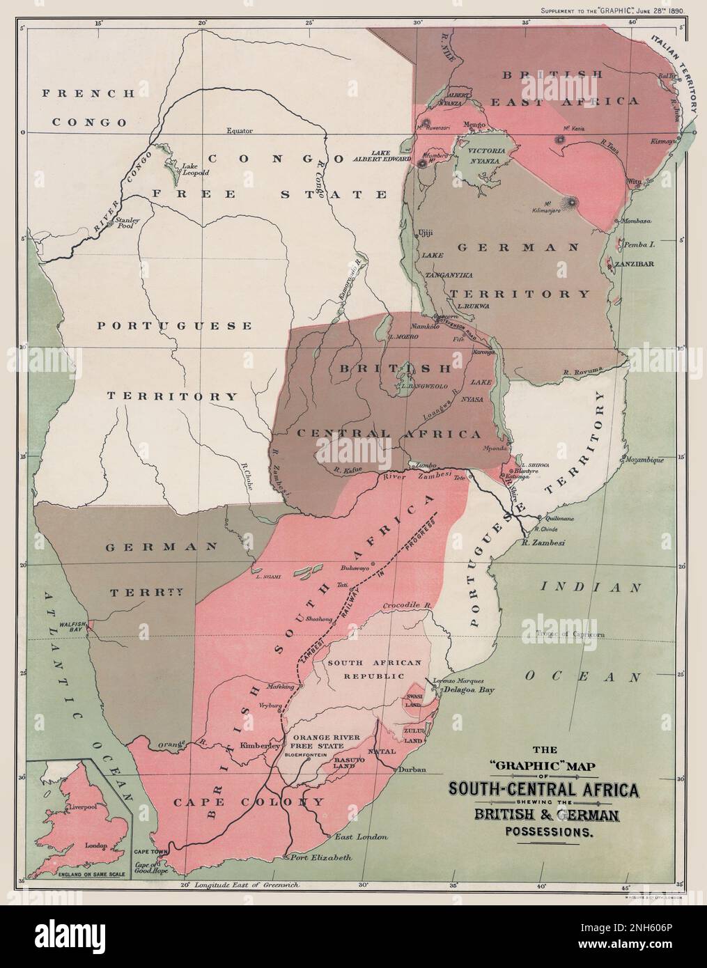 Zentralafrikanische Karte von 1890, die europäische Besitztümer zeigt. Ursprünglicher Titel: "Die grafische Karte Südzentralafrikas: Die britischen und deutschen Besitztümer." Dies ist eine verbesserte, restaurierte Reproduktion einer historischen Karte, die die europäische Kolonisierung in Südafrika im späten 19. Jahrhundert zeigt. Diese wiederhergestellte, detaillierte Reproduktion dokumentiert den Umfang der europäischen Kontrolle in diesem Teil Afrikas. Zu den Ländern, die Territorien beanspruchen, gehören die Briten, Deutschland, Italien, Frankreich und Portugal. Stockfoto