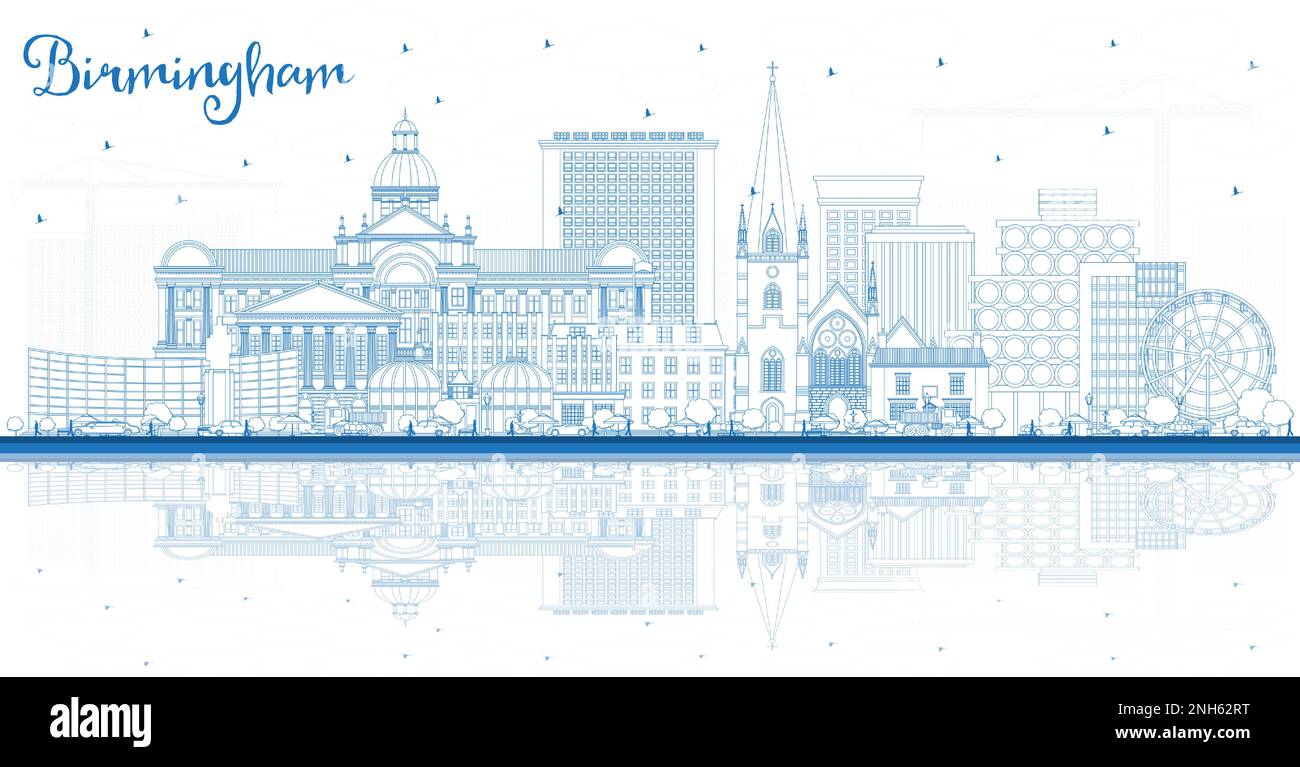 Umreißen Sie die Skyline von Birmingham UK mit blauen Gebäuden und Reflexionen. Vektordarstellung. Birmingham Stadtlandschaft mit Wahrzeichen. Stock Vektor