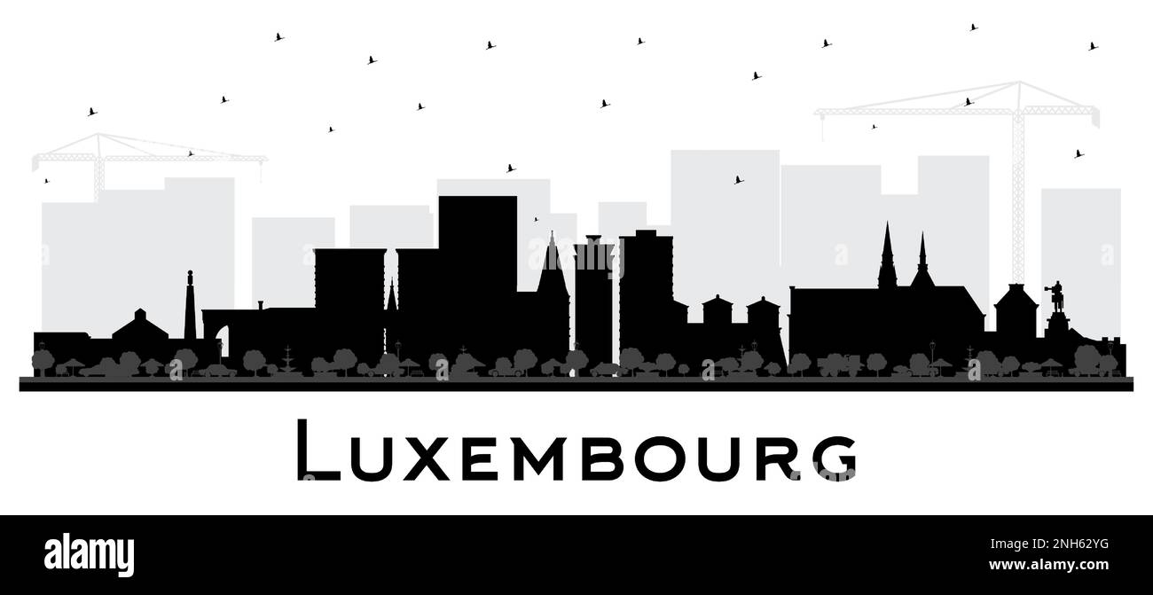 Silhouette der Stadt Luxemburg mit schwarzen Gebäuden isoliert auf Weiß. Vektordarstellung. Luxemburg-Stadtbild mit Wahrzeichen. Stock Vektor