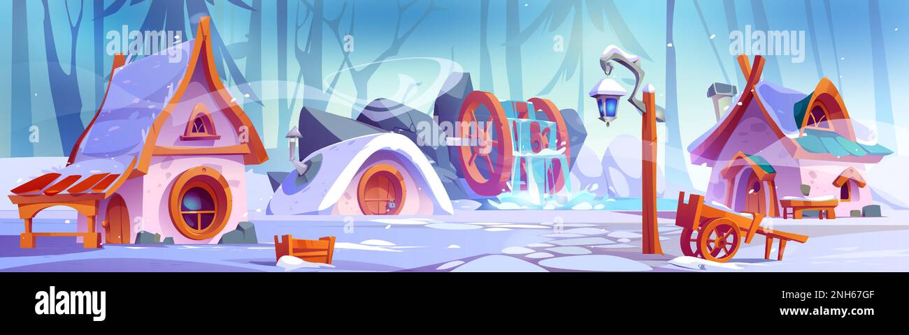 Zwergdorfhäuser, die im Winter mit Schnee bedeckt sind. Vektor-Cartoon-Illustration einer märchenhaften Zwergsiedlung im Wald mit niedlichen Steinhütten, runden Fenstern, Laterne und Wassermühle. Fantasy-Spielszene Stock Vektor