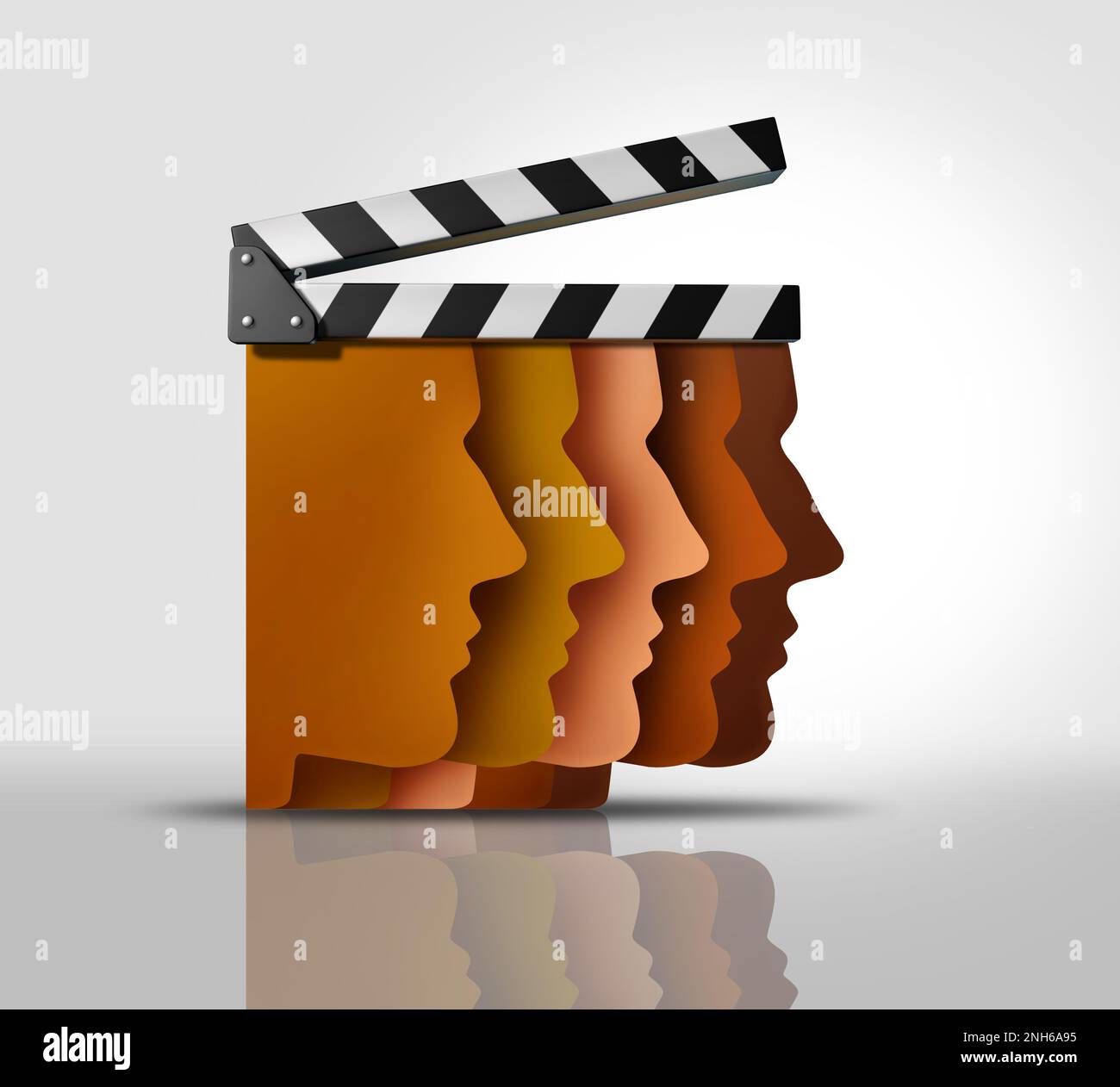 Vielfalt in Filmen als multikulturelle Repräsentation in der Kino- und Unterhaltungsindustrie mit schwarzen oder asiatischen Schauspielern und Regisseuren als Filmklapperin Stockfoto