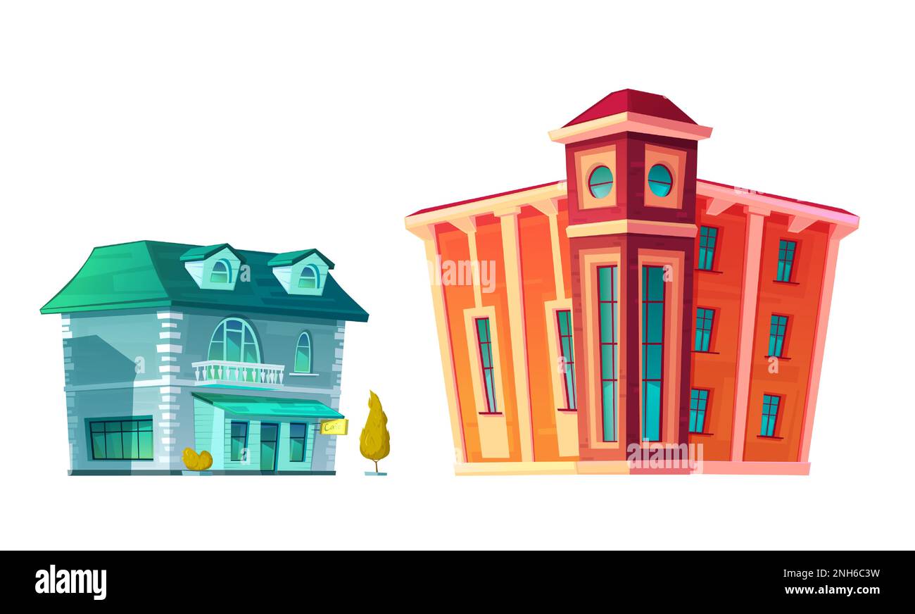 Urbanes Retro-Gebäude Cartoon-Vektorset-Illustration. Alte Wohn- und Regierungsgebäude mit Geschäft oder Café im unteren Stockwerk, isoliert auf weißem Hintergrund Stock Vektor