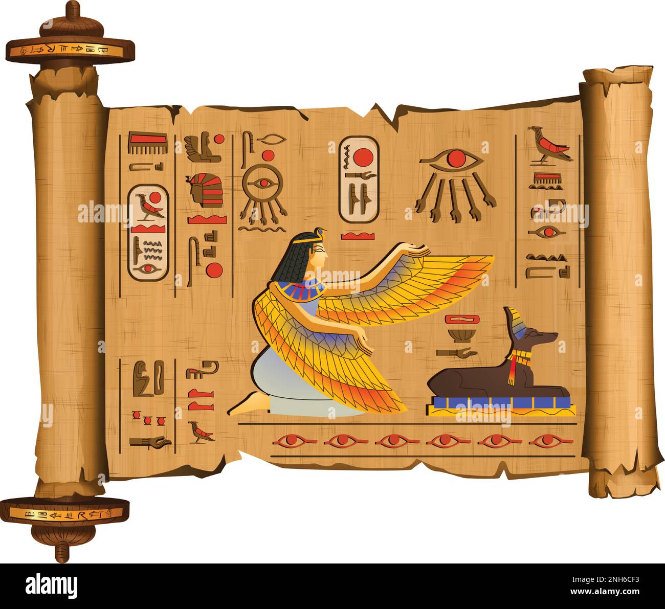 Alte ägyptische Papyrus-Schriftrolle mit Holzkarikaturenvektor mit Hieroglyphen und ägyptischen Kultursymbolen, den antiken Göttern Isis und Anubis, isoliert auf weißem Hintergrund Stock Vektor