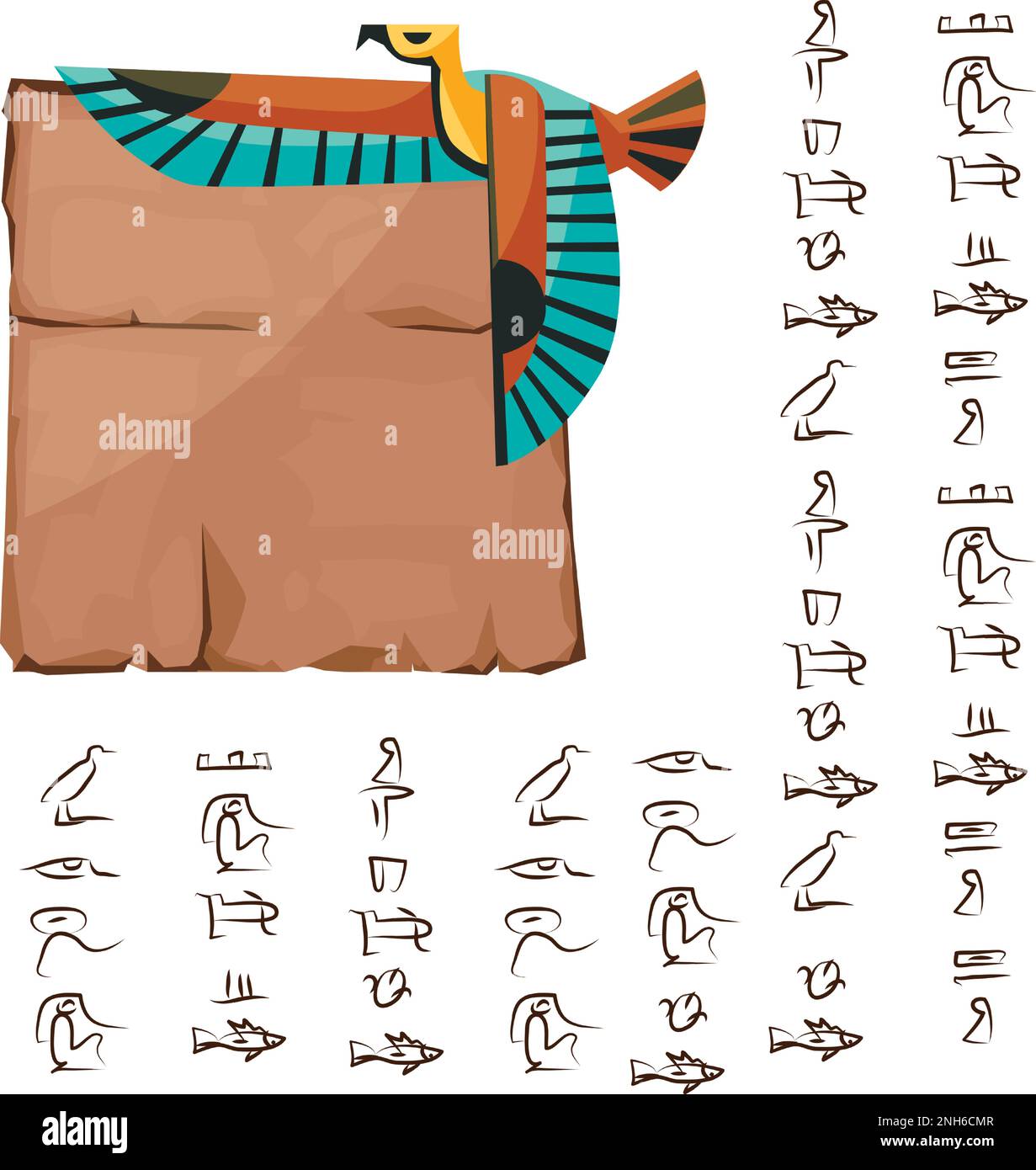 Altes ägyptisches Papyrus-Teil mit fliegender Vogelkarikatur-Vektordarstellung. Antikes Papier mit Hieroglyphen zum Speichern von Informationen, ägyptische Kultur religiöse Symbole, isoliert auf weißem Hintergrund Stock Vektor