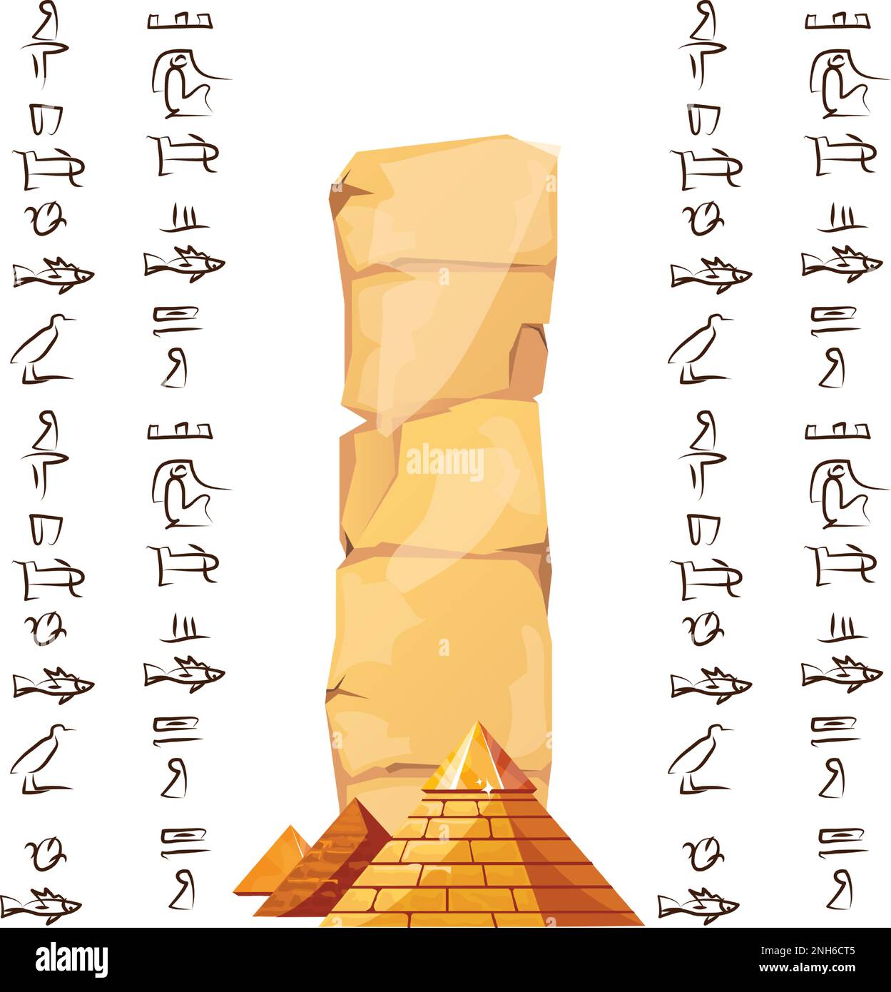 Altes ägyptisches Papyrus-Teil mit Pyramiden-Silhouetten-Cartoon-Vektordarstellung. Antikes Papier mit Hieroglyphen zum Speichern von Informationen, ägyptische Kultur religiöse Symbole, isoliert auf weißem Hintergrund Stock Vektor
