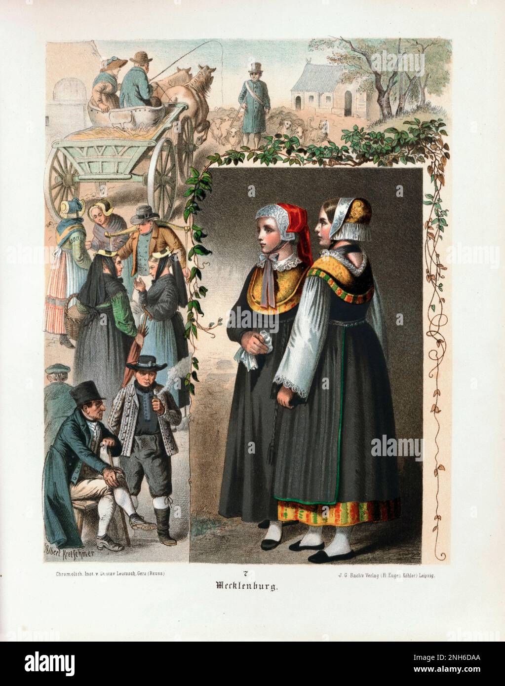 Deutsches Volkskleid. Mecklenburg. Lithographie des 19. Jahrhunderts. Stockfoto