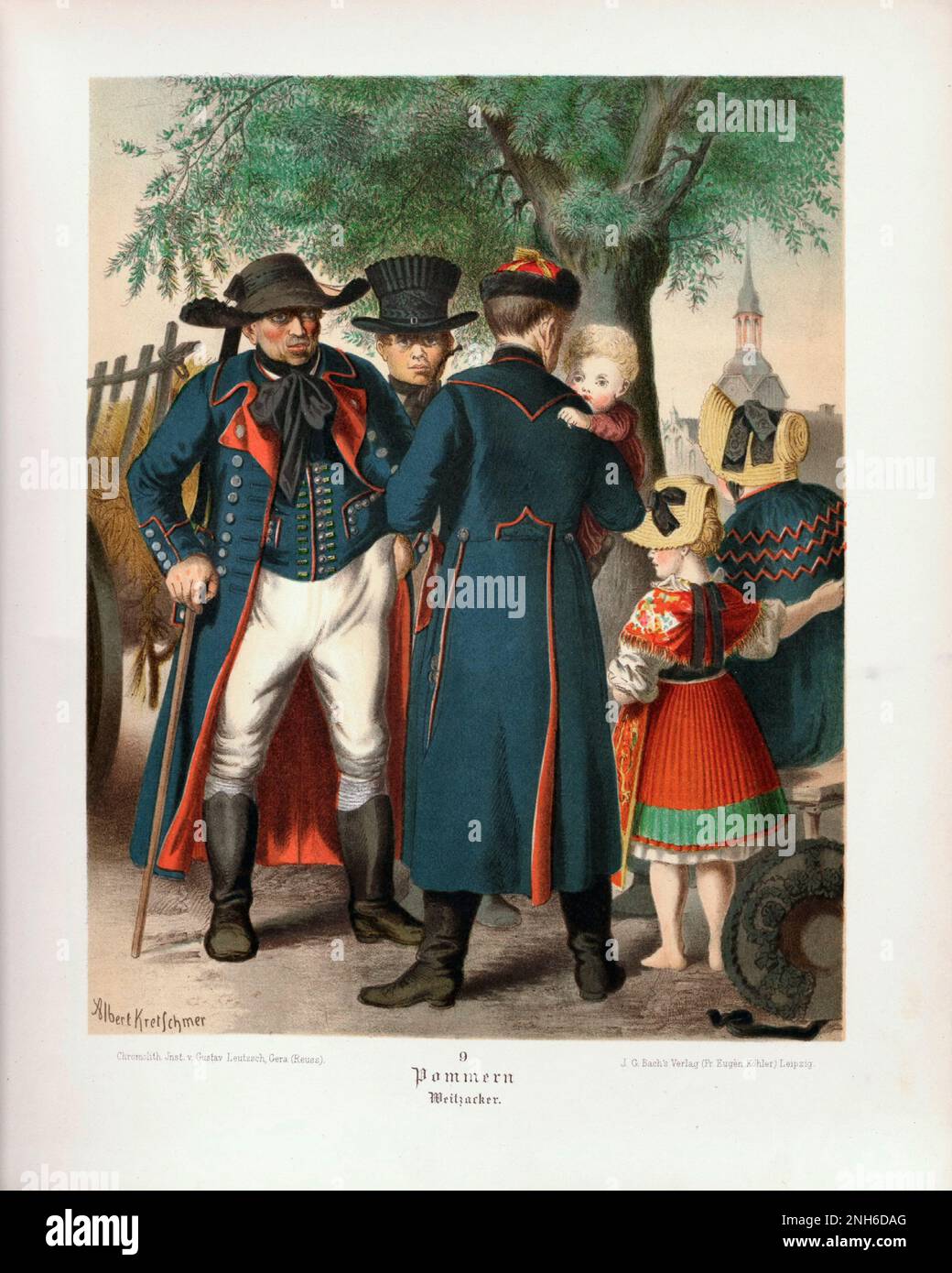 Deutsches Volkskleid. Pommern. Lithographie des 19. Jahrhunderts. Stockfoto