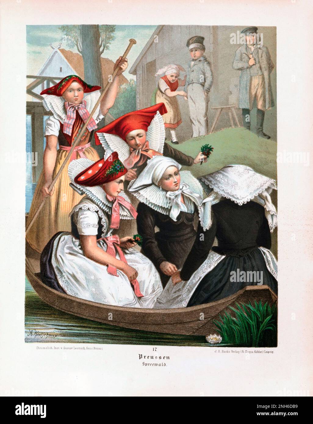 Deutsches Volkskleid. Preussen (Preussen), Spreewald. Lithographie des 19. Jahrhunderts. Stockfoto