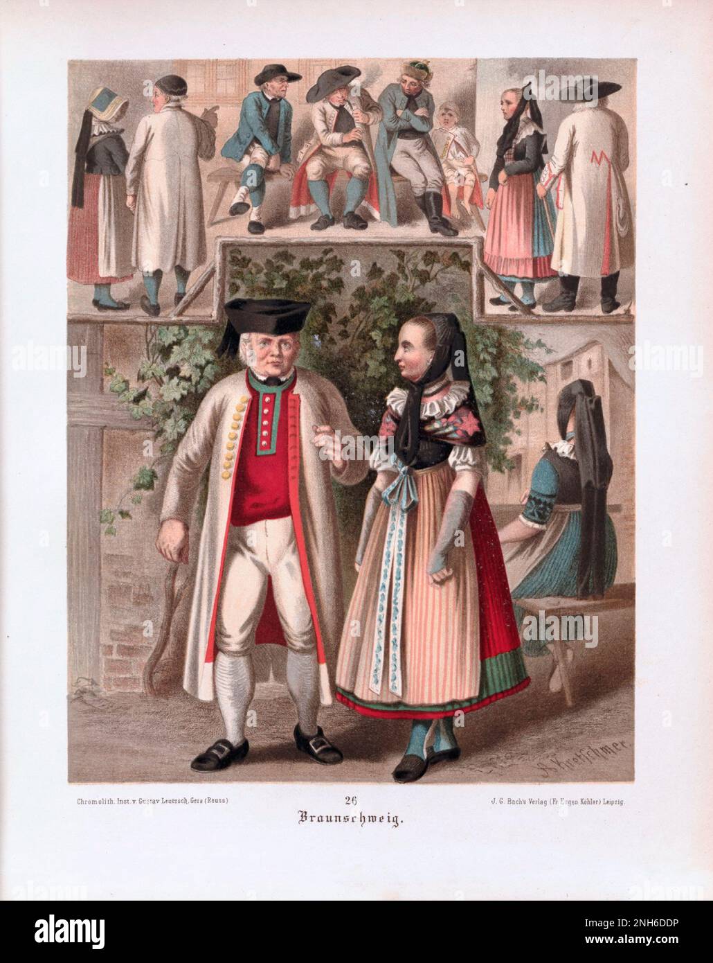 Deutsches Volkskleid. Braunschweig. Lithographie des 19. Jahrhunderts. Stockfoto