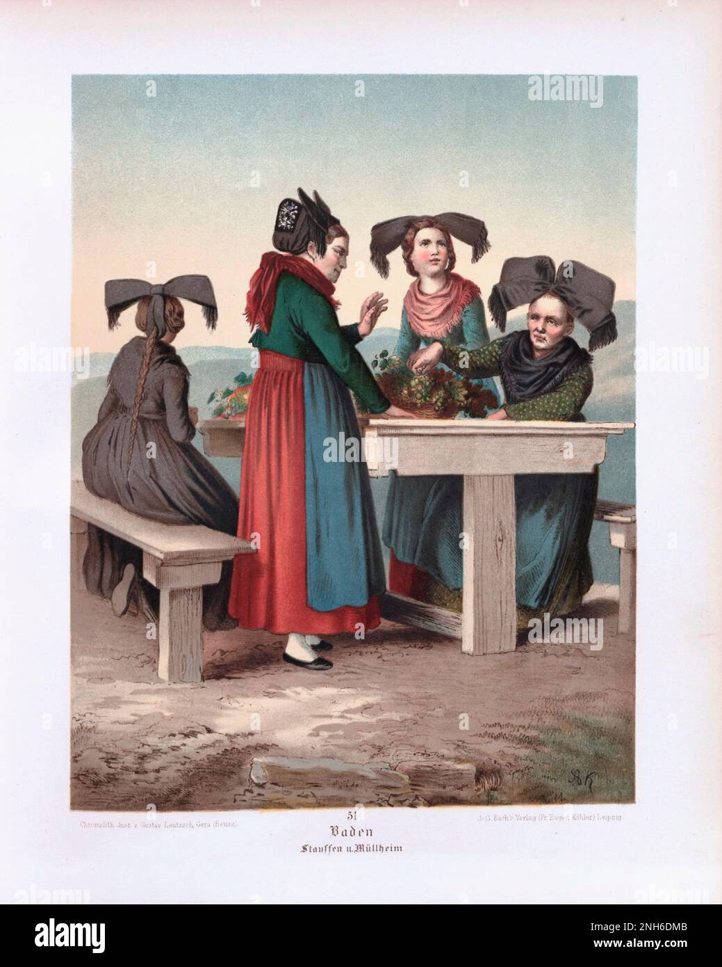 Deutsches Volkskleid. Baden, Stauffen und Mullheim. Lithographie des 19. Jahrhunderts. Stockfoto