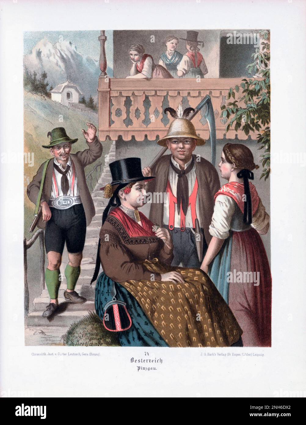 Deutsches Volkskleid. Österreich (Geramn: Österreich), Pinzgau. Lithographie des 19. Jahrhunderts. Stockfoto