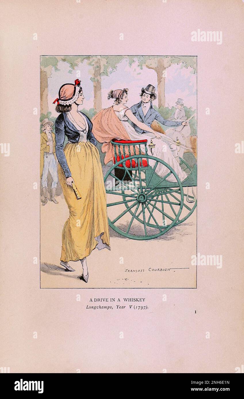 Vintage-Mode in Paris. Ein Drive in a Whiskey, Longchamps. 1797. Die verschiedenen Phasen des weiblichen Geschmacks und der Ästhetik von 1797 bis 1897 Stockfoto